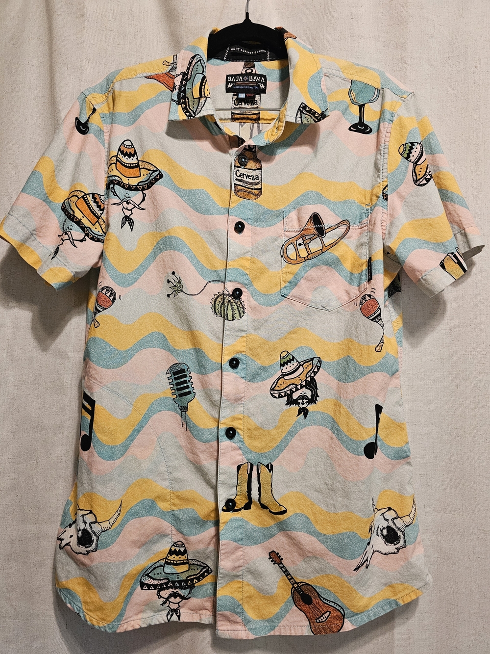 Baja Llama Men’s Playful Mexican Cerveza Print Shirt - Yellow/Pink/Blue